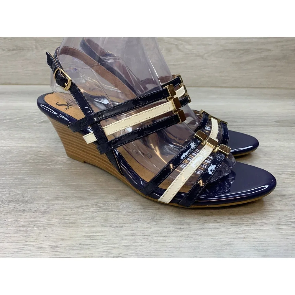 Sofft Women's Navy Cream Patent Leather Wedge Sandals Gold Hardware 9.5 Shoes